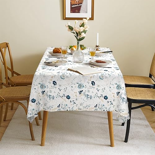 Miniatura 3 de Mantel impermeable de tela con flores azules, rectangular, a prueba de arrugas, resistente al aceite, para mesa de comedor, fiestas de bufé y