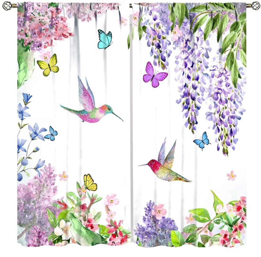 DDCBNS Hummingbird Flower Curtains for Living Room,Watercolor Animal Wild Plant Window Treatments for Bedroom Kitchen Butterfly Lavender Home Décor