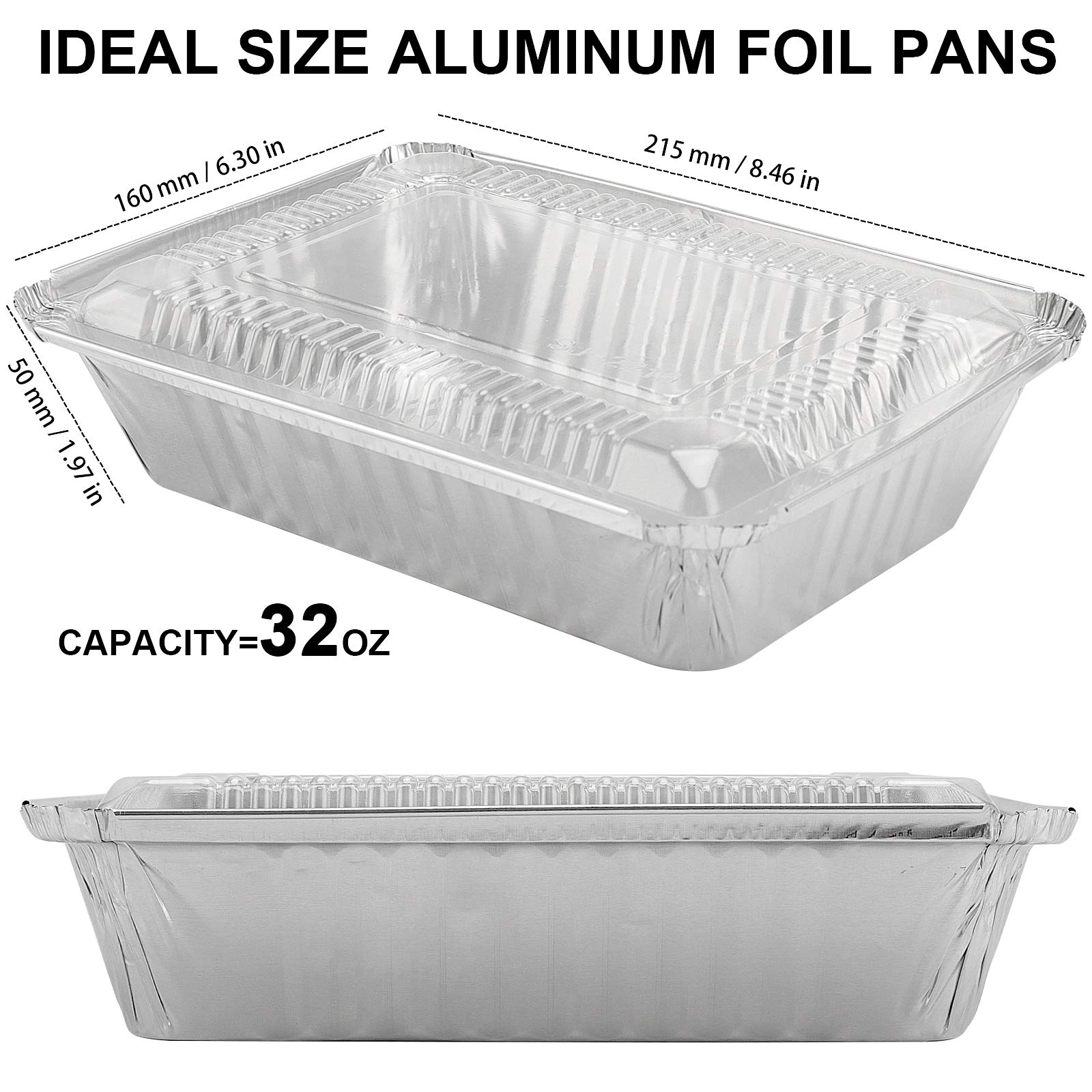 KEILEOHO - Juego de 125 sartenes desechables para comida con tapas transparentes, recipientes desechables para cocina, hornear, preparar alimentos, comida para llevar, calefacción, almacenamiento