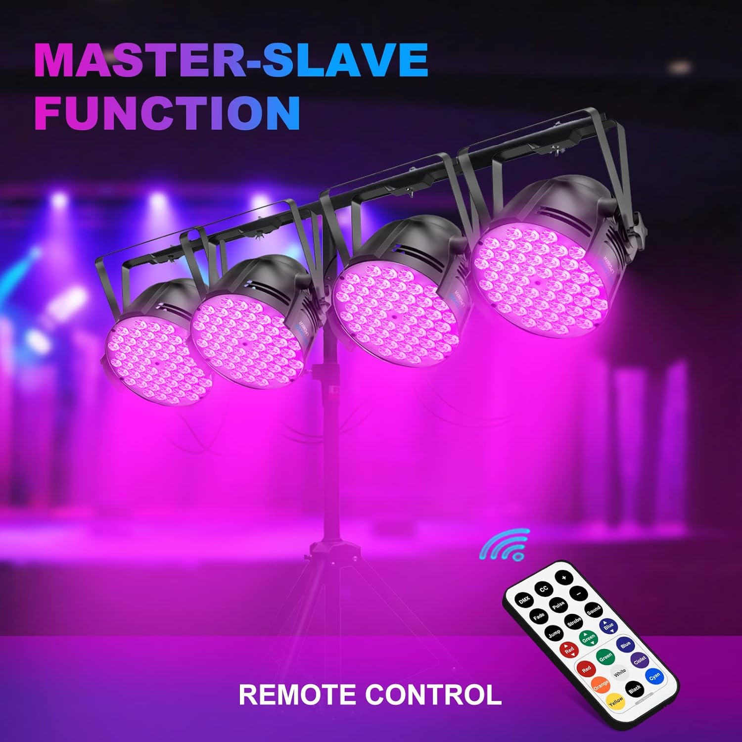 Four BETOPPER LED Stage Lights mounted on a truss, all emitting purple light, with a remote control in the foreground, illustrating the Master-Slave function.