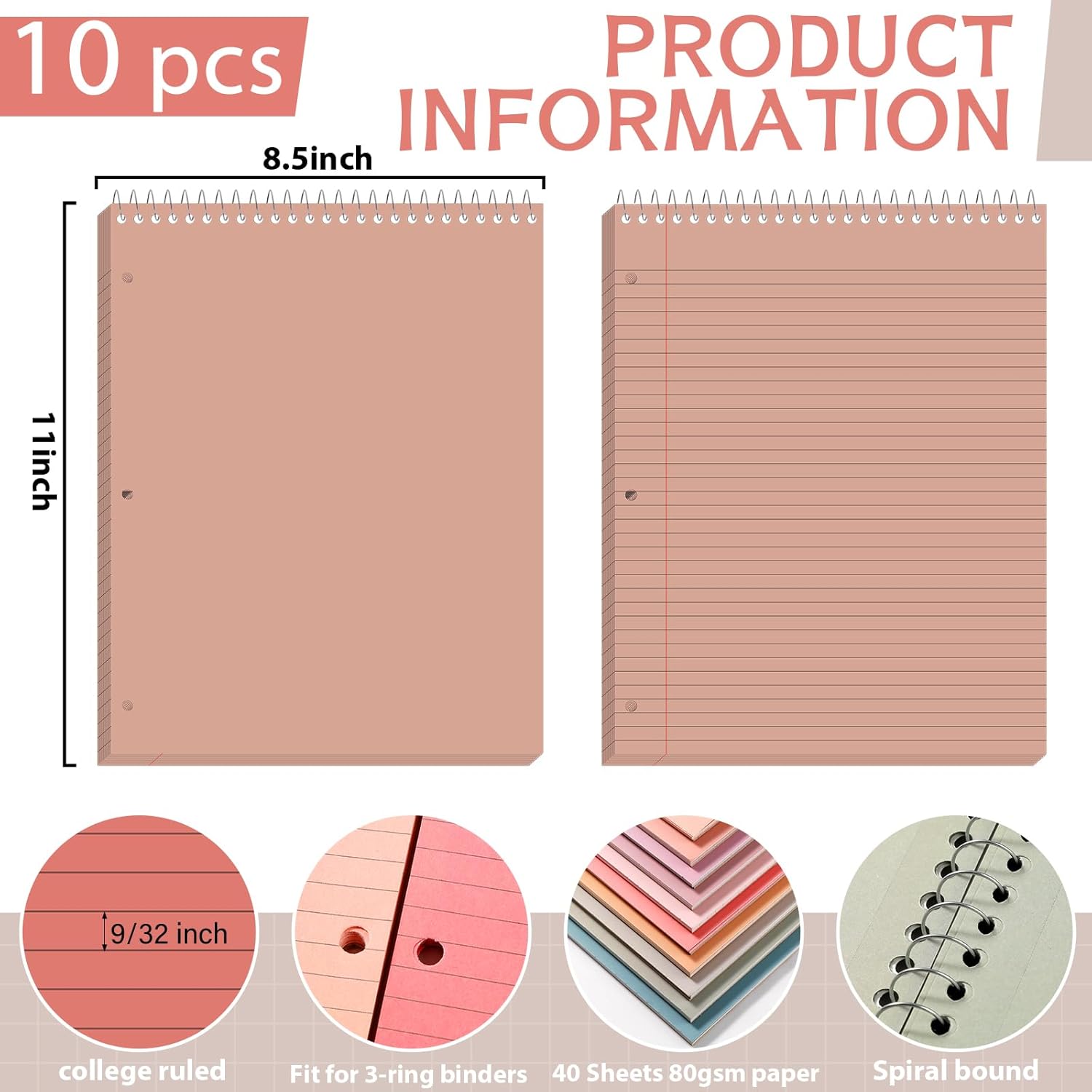 10 Packs 8.5 x 11 inch Top Spiral Notebook with 3 Hole Punched Legal Pads 40 Sheets College Ruled Notepad Hard Cardboard Paper Wirebound Pads for Business School Office Home Supplies (Retro)