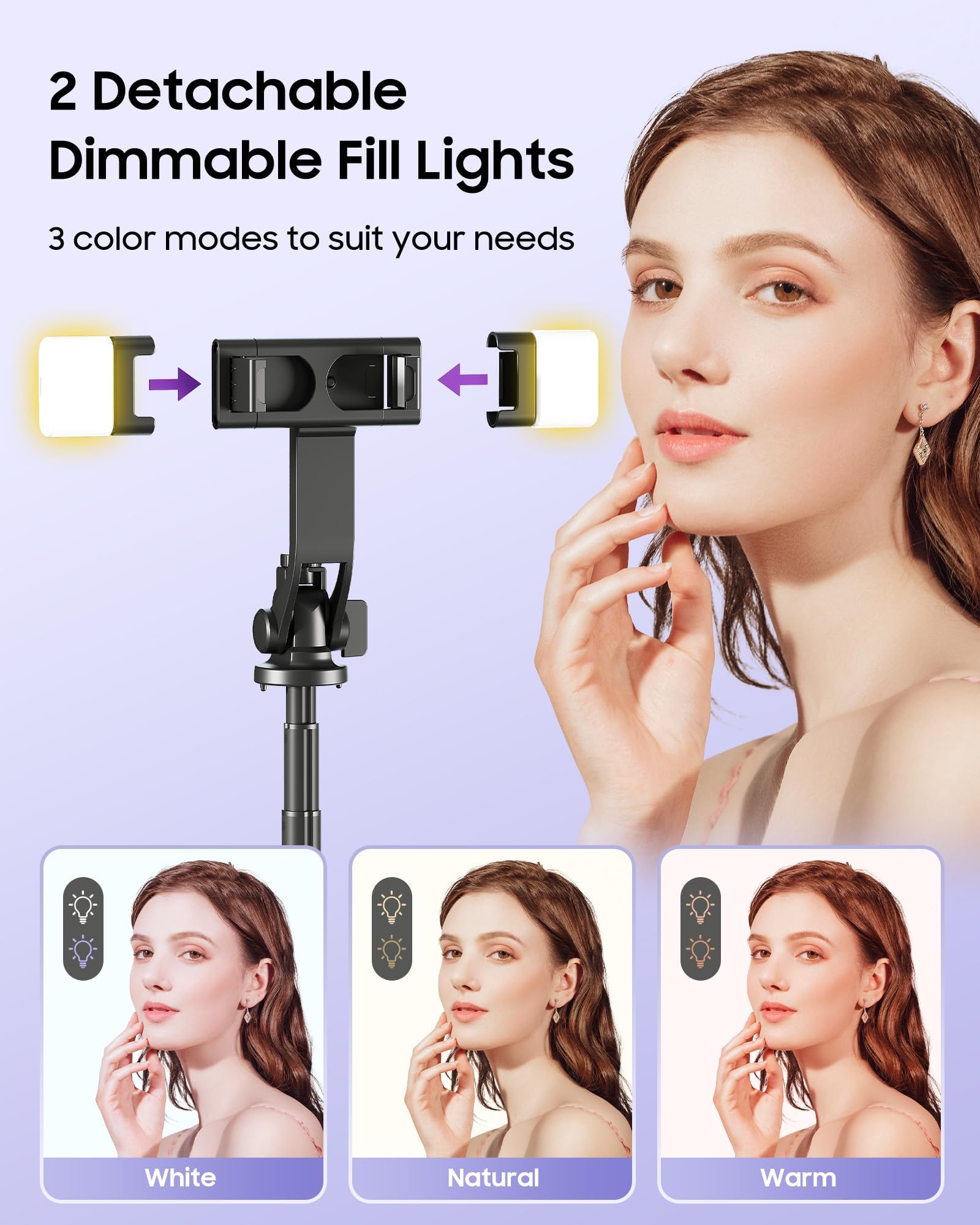 Selfie-Stick-Stativ mit Licht, verbesserter 4-Bein-Handy-Ständer, Kamerastativ mit wiederaufladbarer kabelloser Fernbedienung und 2 Fülllichtern, tragbarer Selfie-Stick, Reisezubehör für iPhone