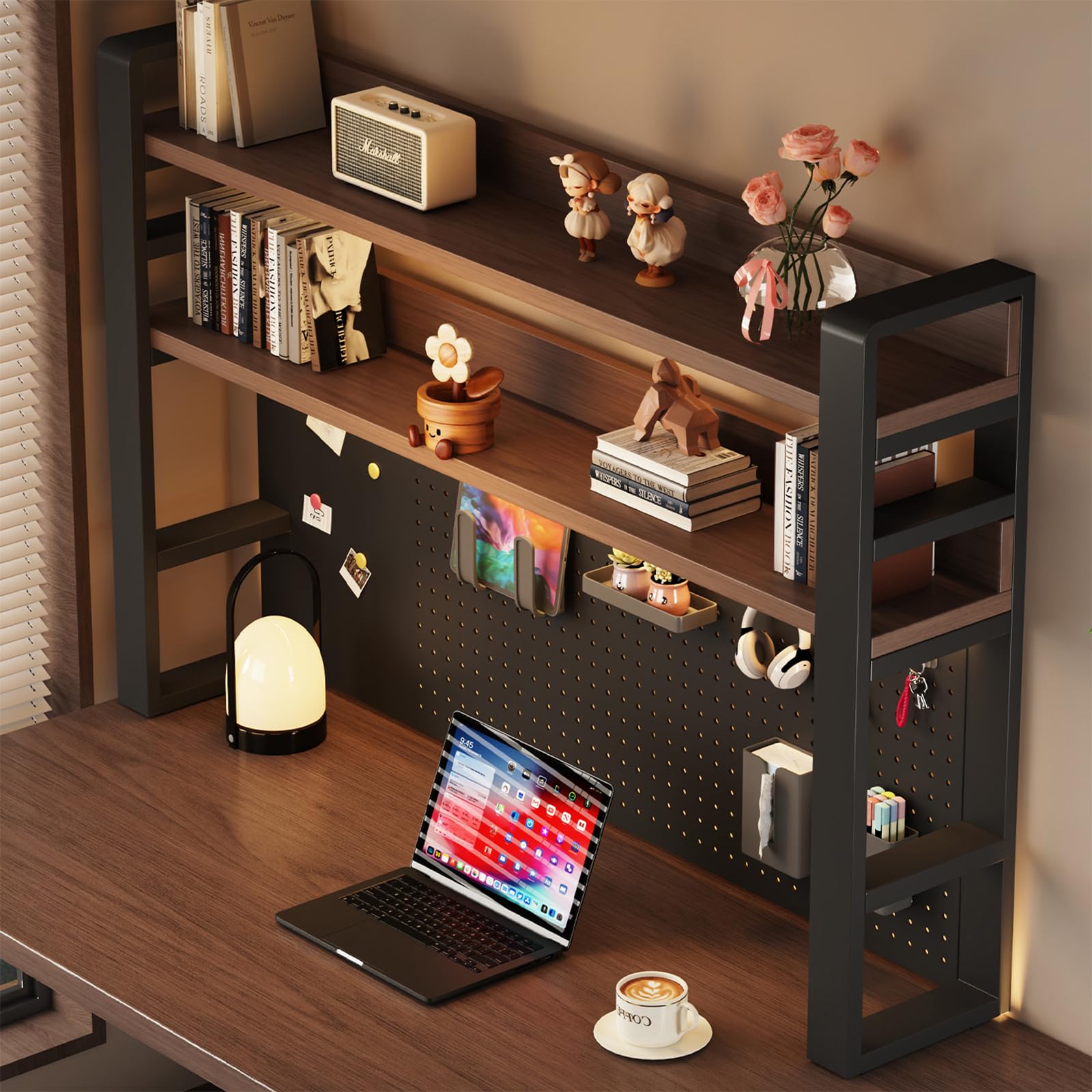 Estantería de Escritorio de múltiples Niveles con Tablero Perforado, Estante de sobremesa para Libros, Estante Organizador de Almacenamiento de Metal,Negro,L37.4*H36.6