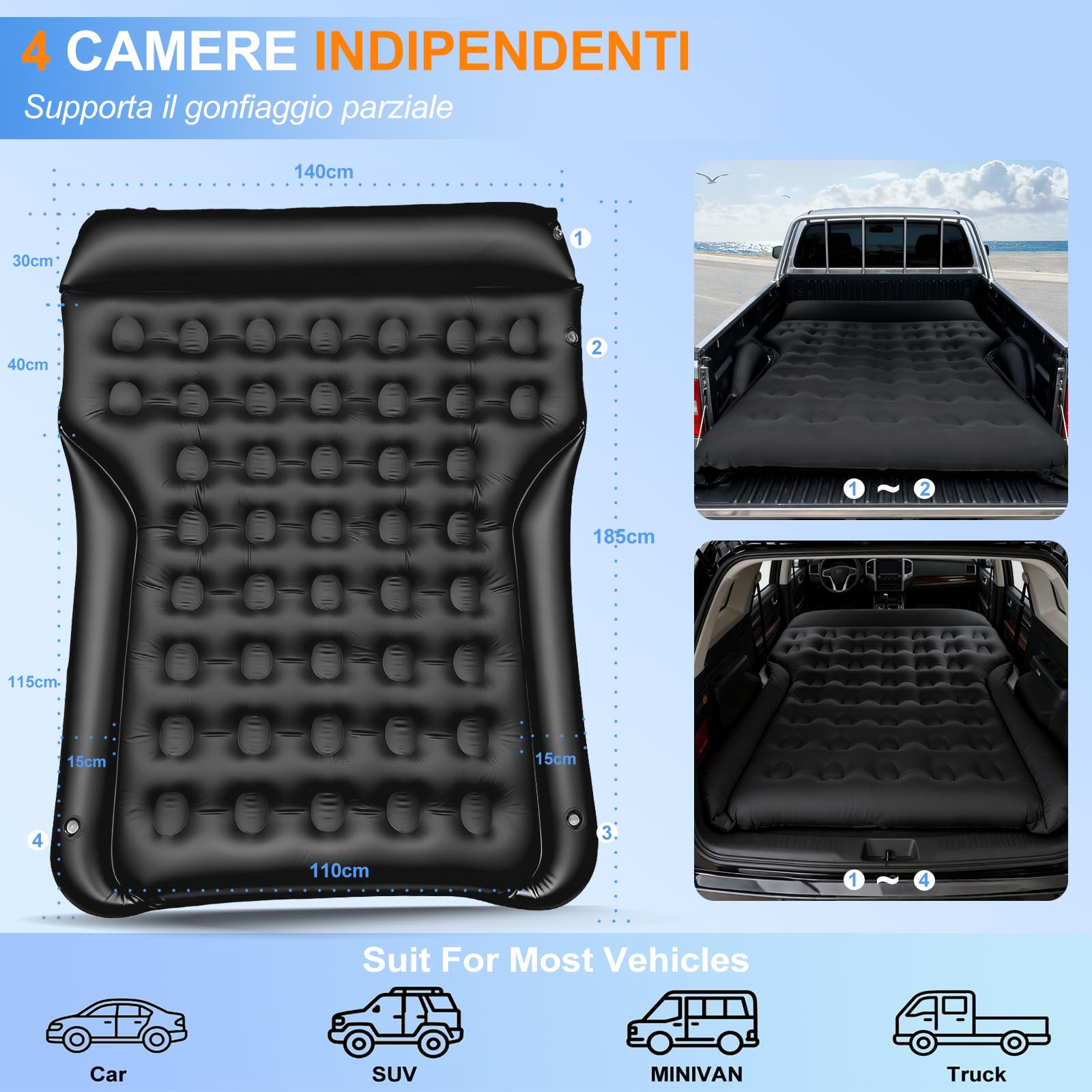 Materasso Auto, Universale Materasso ad aria per SUV MPV VAN nel bagagliaio 185x140x20cm, Mmaterasso Gonfiabile Auto Portatile e Comodo Campeggi Letto per Viaggi, Attività Interne ed Esterne (Nero)