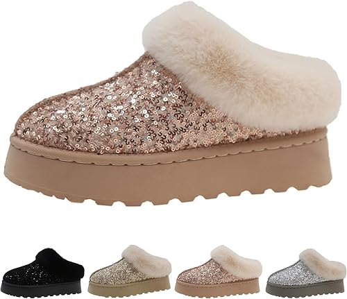 Casual Warm Fuzzy Collar Sequin House Platform Slippers for Women Rose/38