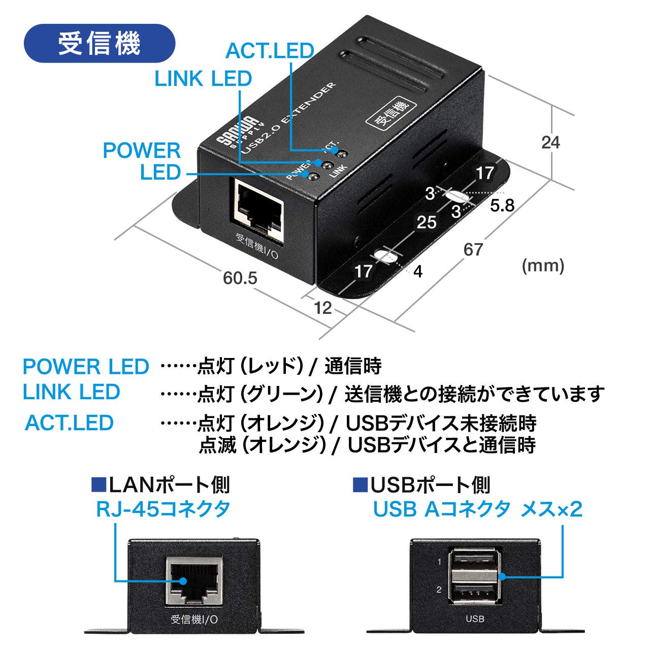 Amazon.co.jp: Sanwa Direct 500-USB067 USB Extender, Up to 166.2 ft (50 m),  USB Hub x 2 Ports, Uses LAN Cable : Computers