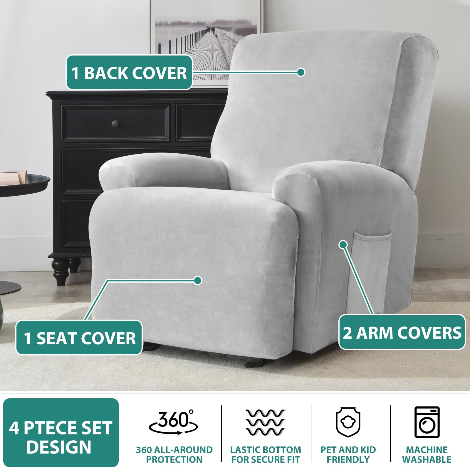 Leorate Velvet Recliner Chair Cover with Side Pocket - Image 4