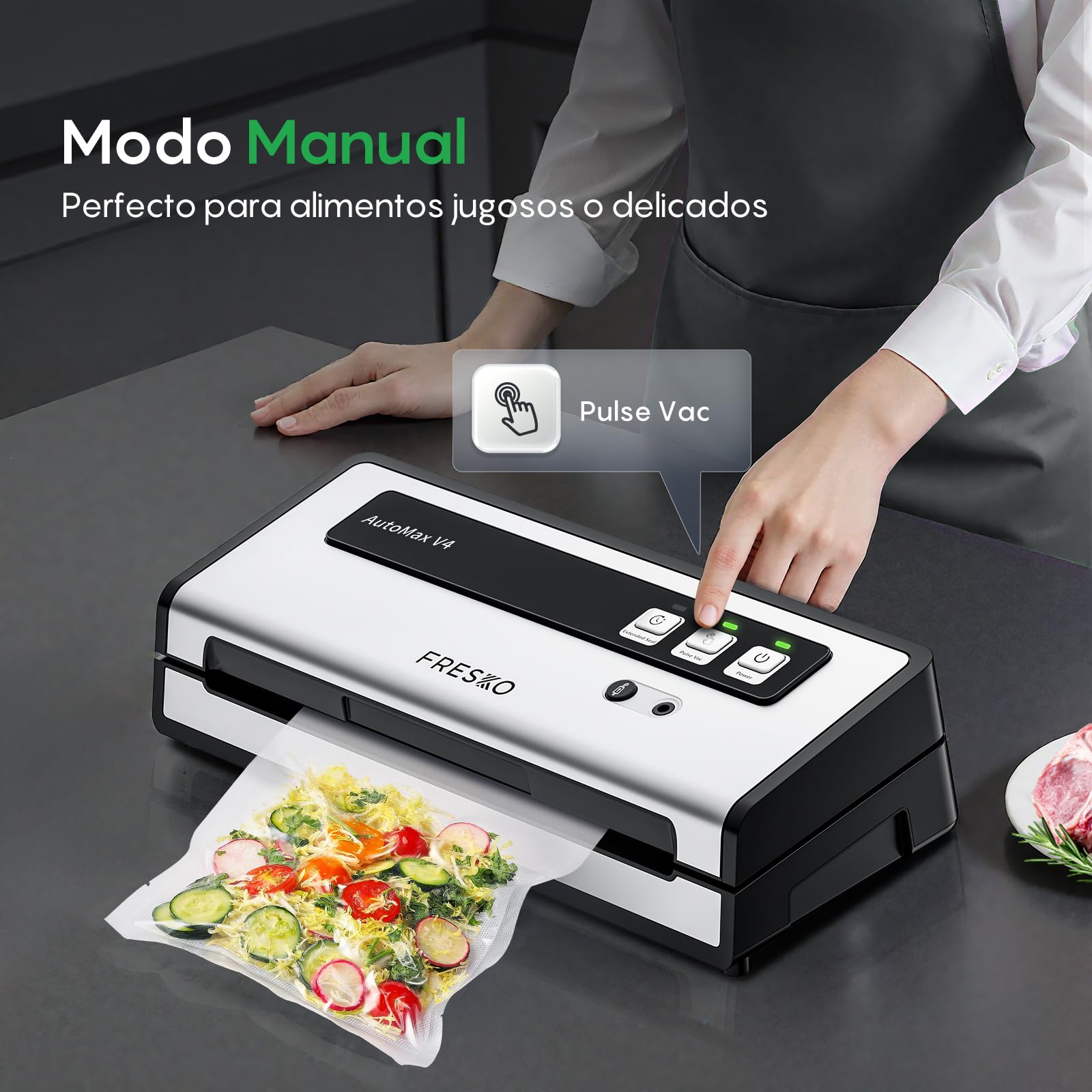 FRESKO Envasadora al Vacío Automática, 140W con Doble Sellado por Calor, Modo Seco/Húmedo, Uso con Una Mano, Incluye 10 Bolsas Pre-cortadas y 4 Kit para sellar tarros Mason (Automax V4)