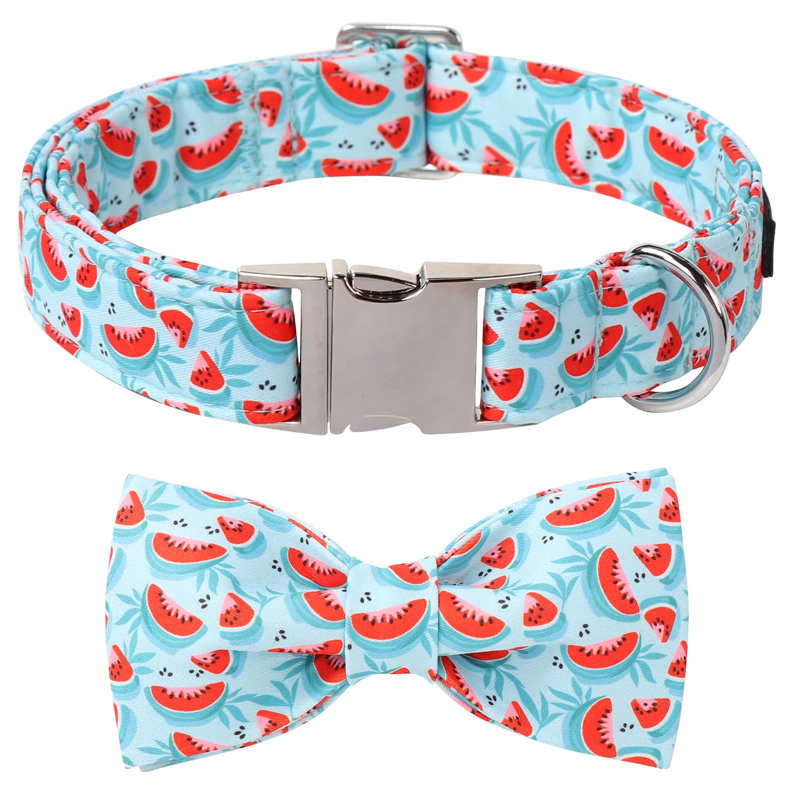 Lionet Paws Watermelon Dog Collar with Bowtie, Cute Summer Cyan Dog Collar for Girl for Large Dogs, Adjustable Cotton Pet Collars for Large Dogs