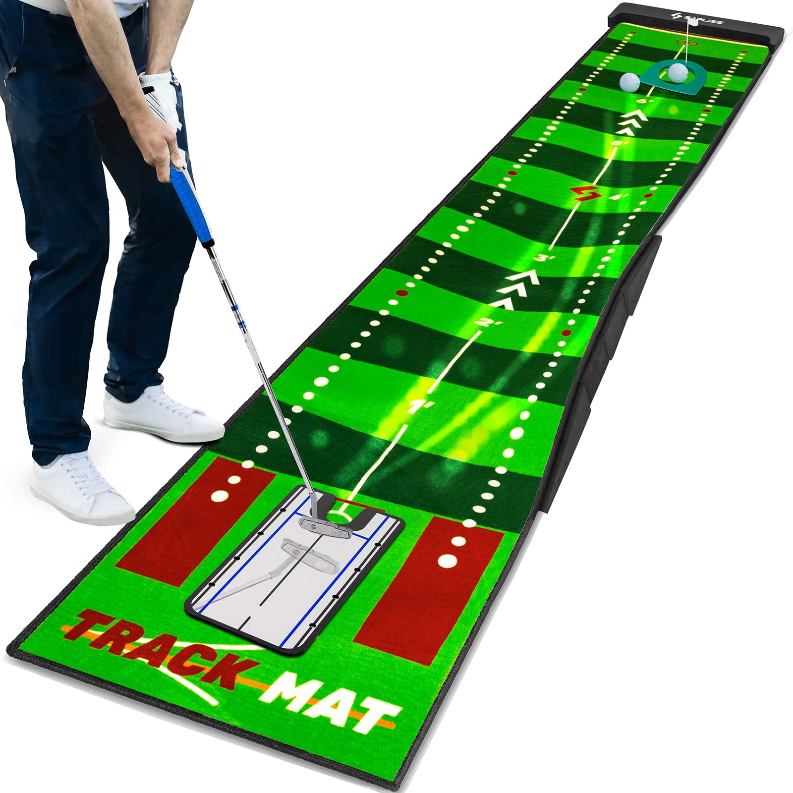 SAPLIZE Golf Putting Mat/Putting Green Mat - Adjustable Slope, Trajectory Tracking, Automatic Ball Return & Pong Game Modes |Portable Practice Green for Home, Office, Indoor & Outdoor