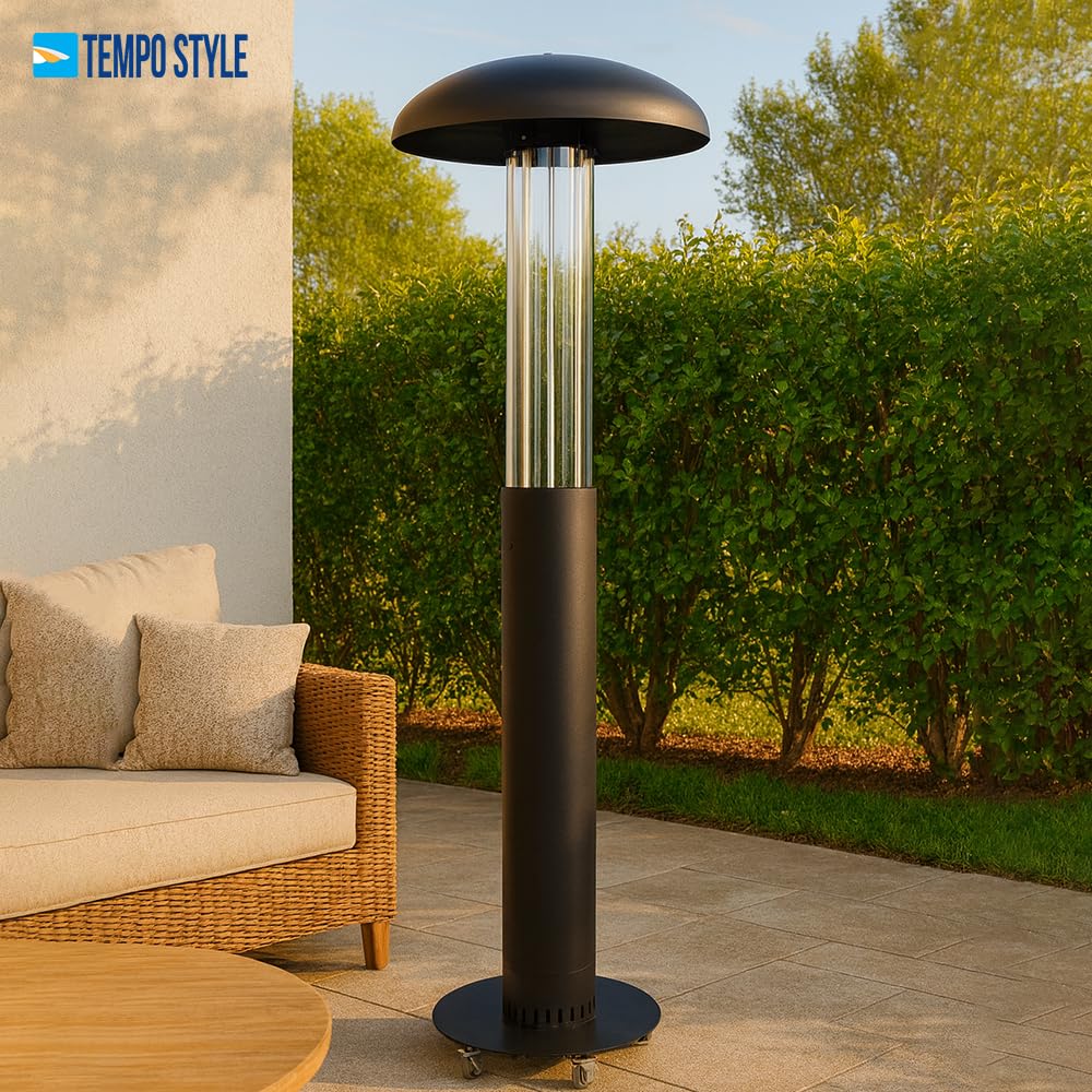 Stufa a Pellet da Esterno Lumea | Riscaldamento a 360° fino a 6 ore Potenza Regolabile 4,6-7 kW | Design moderno con ruote | Include Guanti, Spazzola e Powerbank