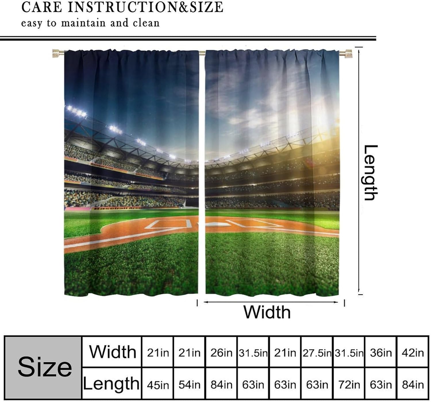 Sports Baseball Field Blackout Window Curtains,Baseball Game Stadium Arena Bedroom Decor for Boys Men Teens Child,Sports Ball Theme Cool Modern Printed Living Room Gym 55x63in