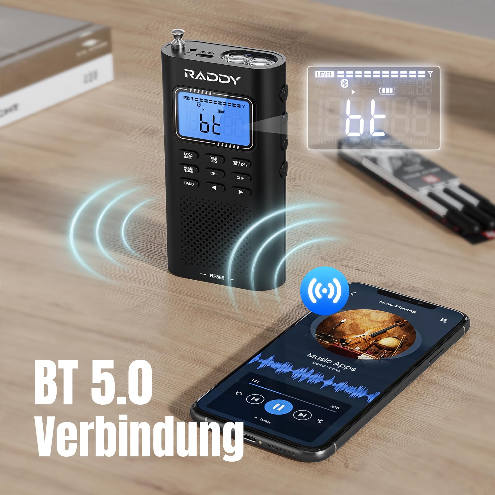 Raddy RF886 Tragbares Kurzwellenradio Kleines AM/FM/SW/UKW-Radio Digitalradio, Radio Batteriebetrieben und BT-Lautsprecher, 3 M Externe Antenne