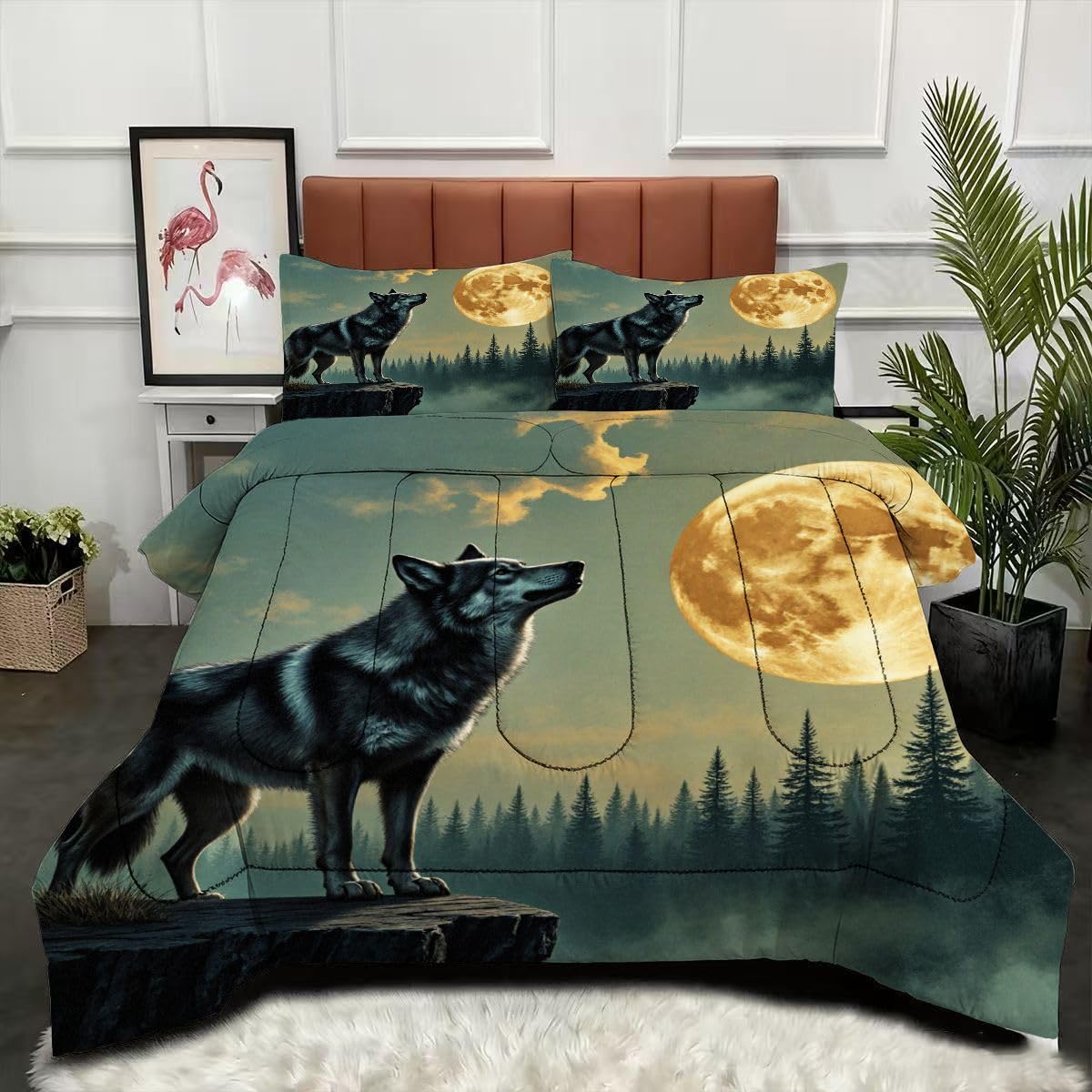 Couette 220 x 240 cm Loup Animal 3D avec 2 taies d'oreiller pour lit 2 personnes