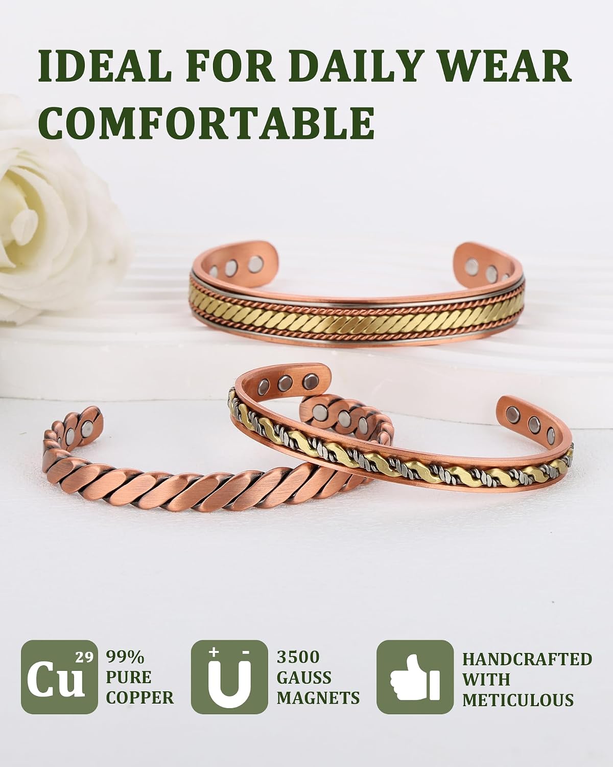 MagEnergy Copper Bracelets for Women Men, Set of 3 Pcs, Magnetic Therapy, Handmade 100% Copper Cuff Bracelet, Jewelry Gift Box