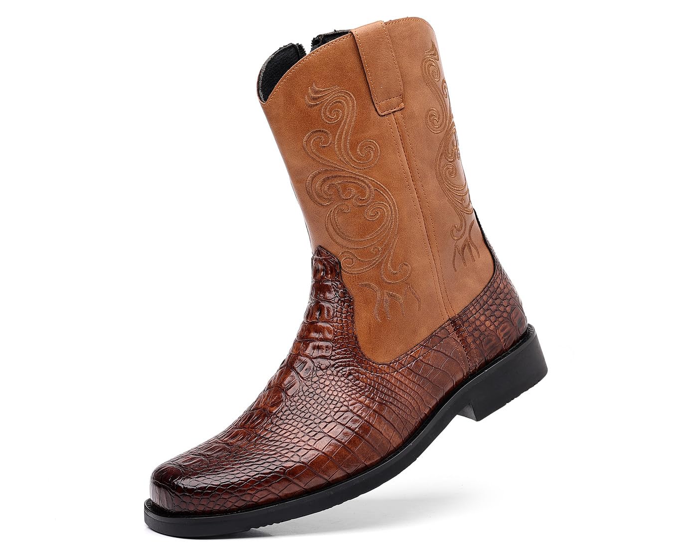 Santimon Men's Crocodile Western Cowboy Boots, Side Zipper, Mid Calf Wide Square Toe Boots