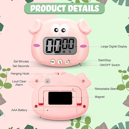 Miniatura 7 de Temporizador digital de cocina con diseño de animales, 8 unidades, diseño de dibujos animados magnéticos, con pantalla visual grande LCD, para