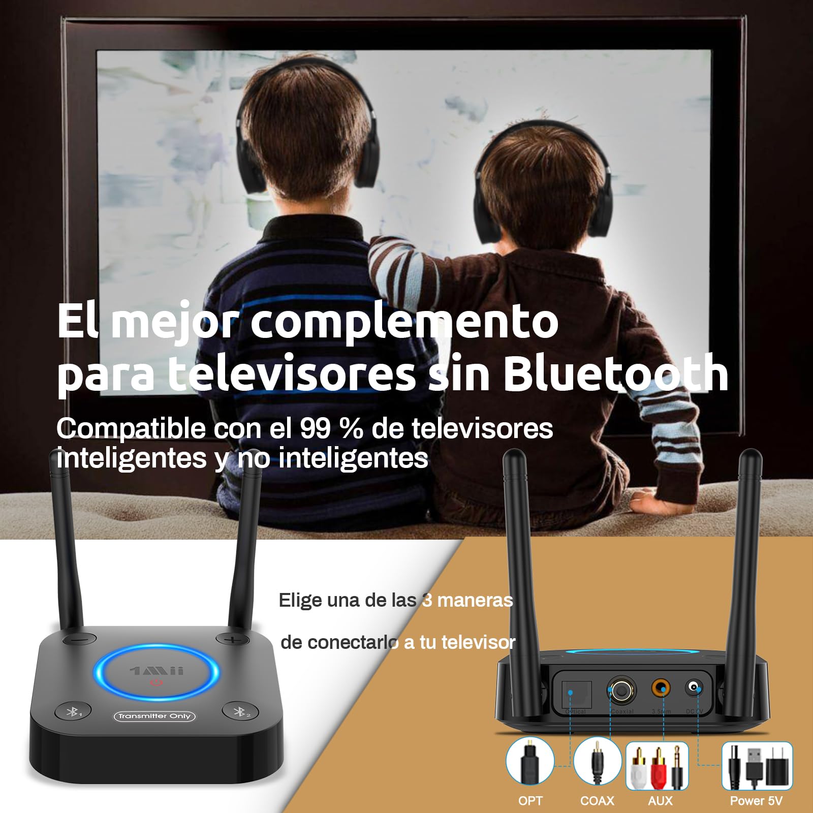 1Mii B06TX Transmisor Bluetooth 5.3 para TV a 2 Auriculares Bluetooth, Adaptador Audio TV con Control de Volumen, Entrada Óptica, Coaxial, AUX/RCA, aptX Baja Latencia/HD, Largo Alcance