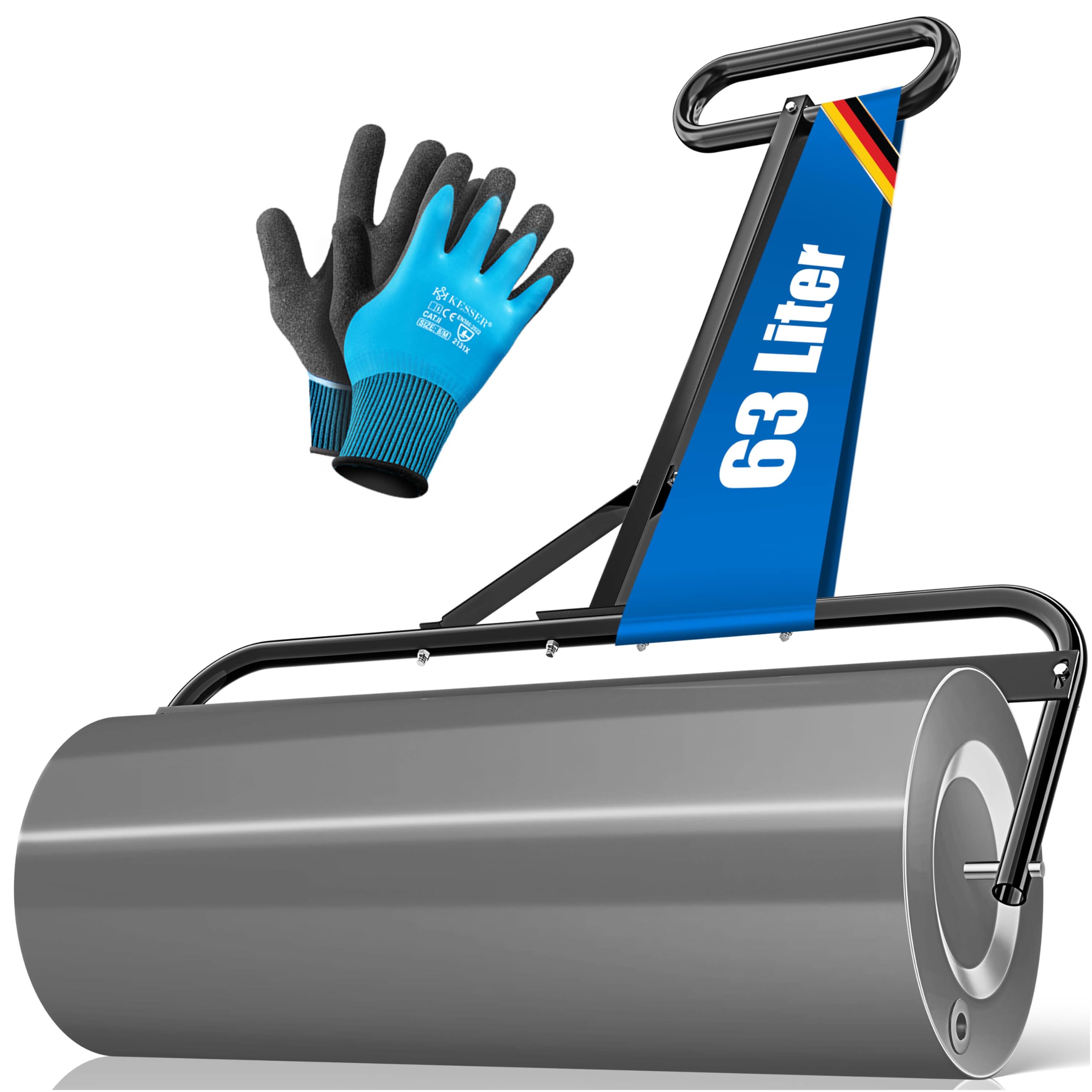 KESSER® Rouleau à gazon en métal à remplir avec de l'eau ou du sable avec un volume de remplissage de 63 l et 99 cm de large - Rouleau de jardin avec 5 pointes et gants - Rouleau manuel pour gazon -
