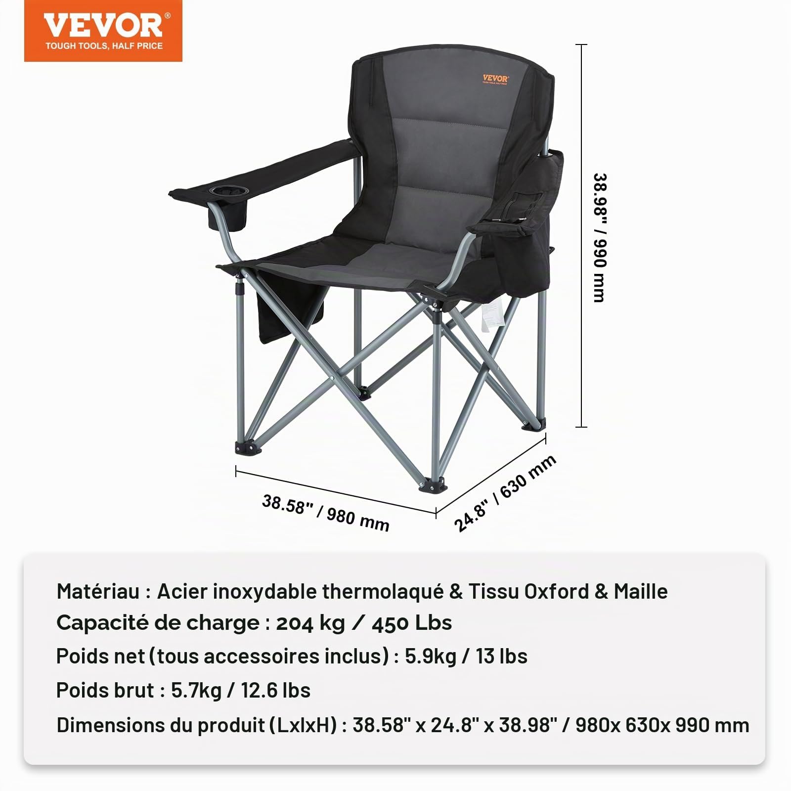 VEVOR Chaise de Camping Pliante en Plein Air 98x63x99 cm Chaise de Pêche Extérieur en INOX Charge 158 kg Siège Pliant Portable Léger avec Porte-Gobelet 3 Sacs de Rangement pour Pique-Nique Randonnée