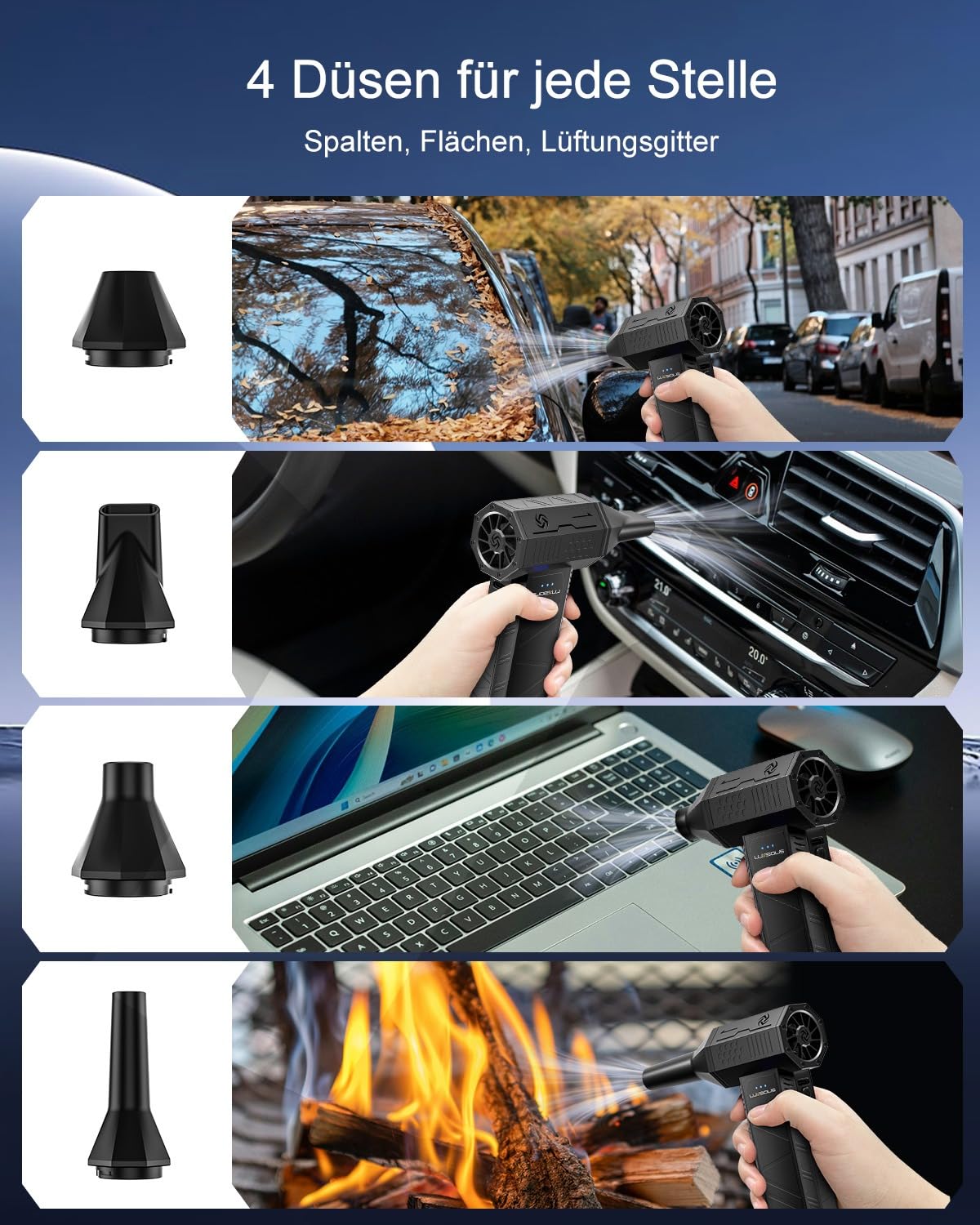 LUXSOLIS X3 Mini Turbo Fan Elektrischer Staubbläser Akku 110000 U/min 3 Stufen USB-C 4 Düsen