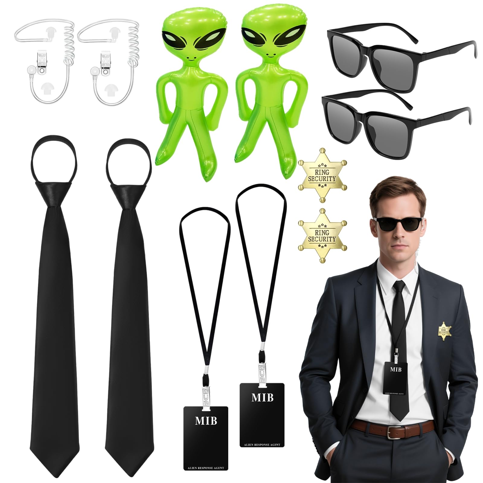 Aopier 12Pcs Secret Agent Accessories, Agent Costume Fancy Dress Kit with ID Card Sunglasses Necktie Fake Earpiece Badge and Inflatable Green Aliens for Halloween Cosplay Carnival Outfits Props
