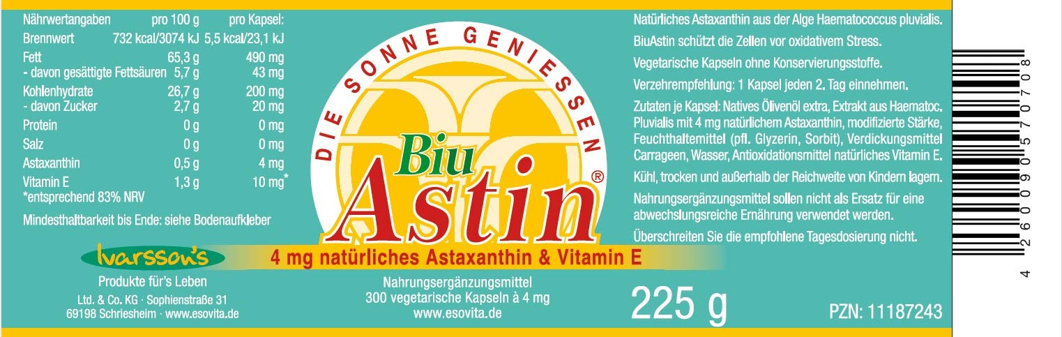 ESOVita BiuAstin 300 vegetarische Kaspeln I 4 mg natürliches Astaxanthin I Das Original Ivarssons BiuAstin