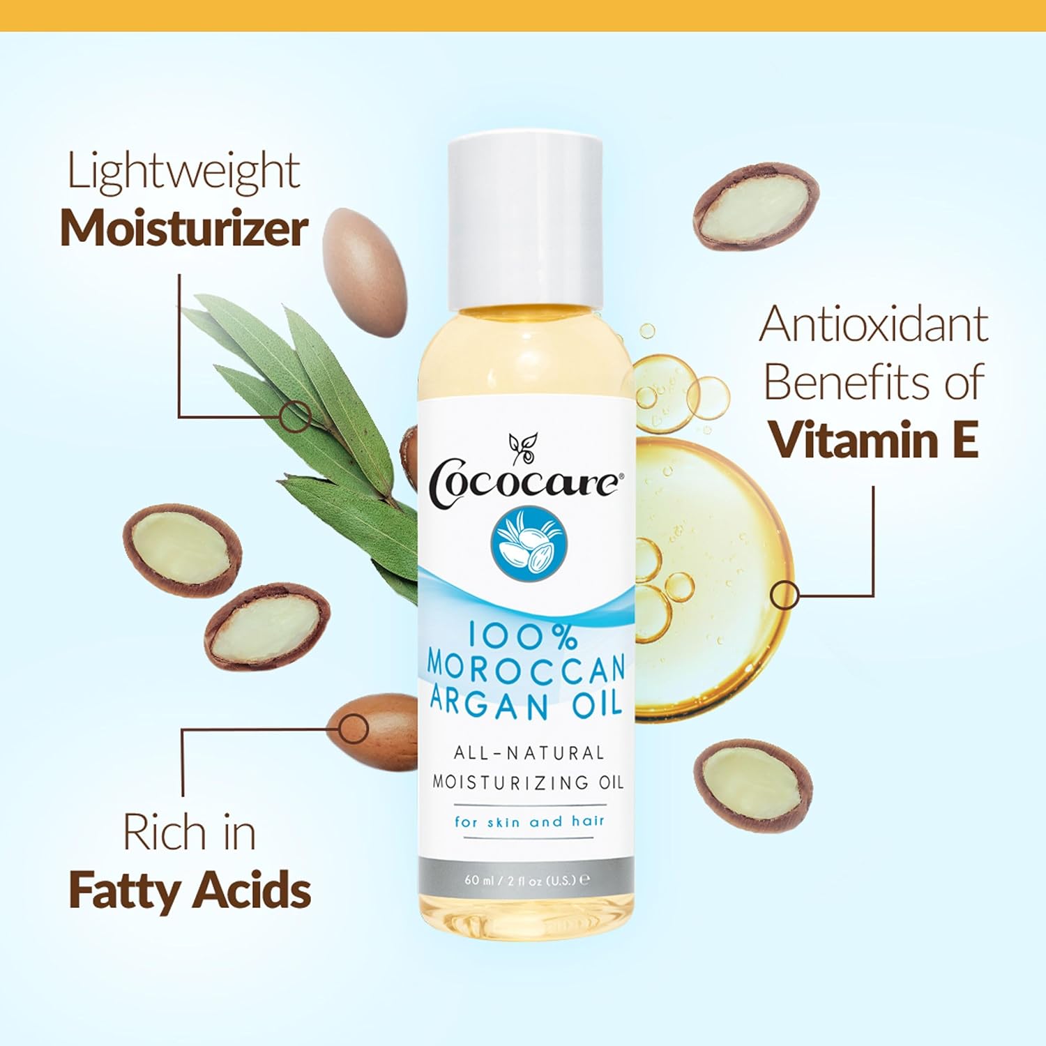 Cococare Moroccan Argan Oil - Lashes and Skin Moisturizer All Natural Argan Oil - 2 fl oz (Pack of 2)