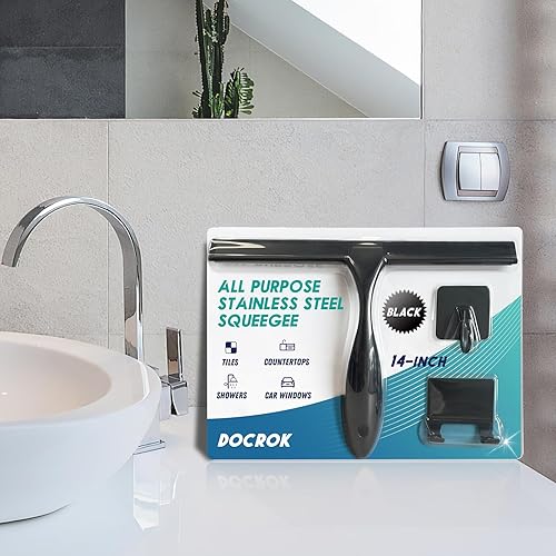 Miniatura 9 de Escobilla de ducha multiusos de acero inoxidable para puertas de ducha con 2 ganchos adhesivos, herramienta de limpieza de baño, escobilla de espejo