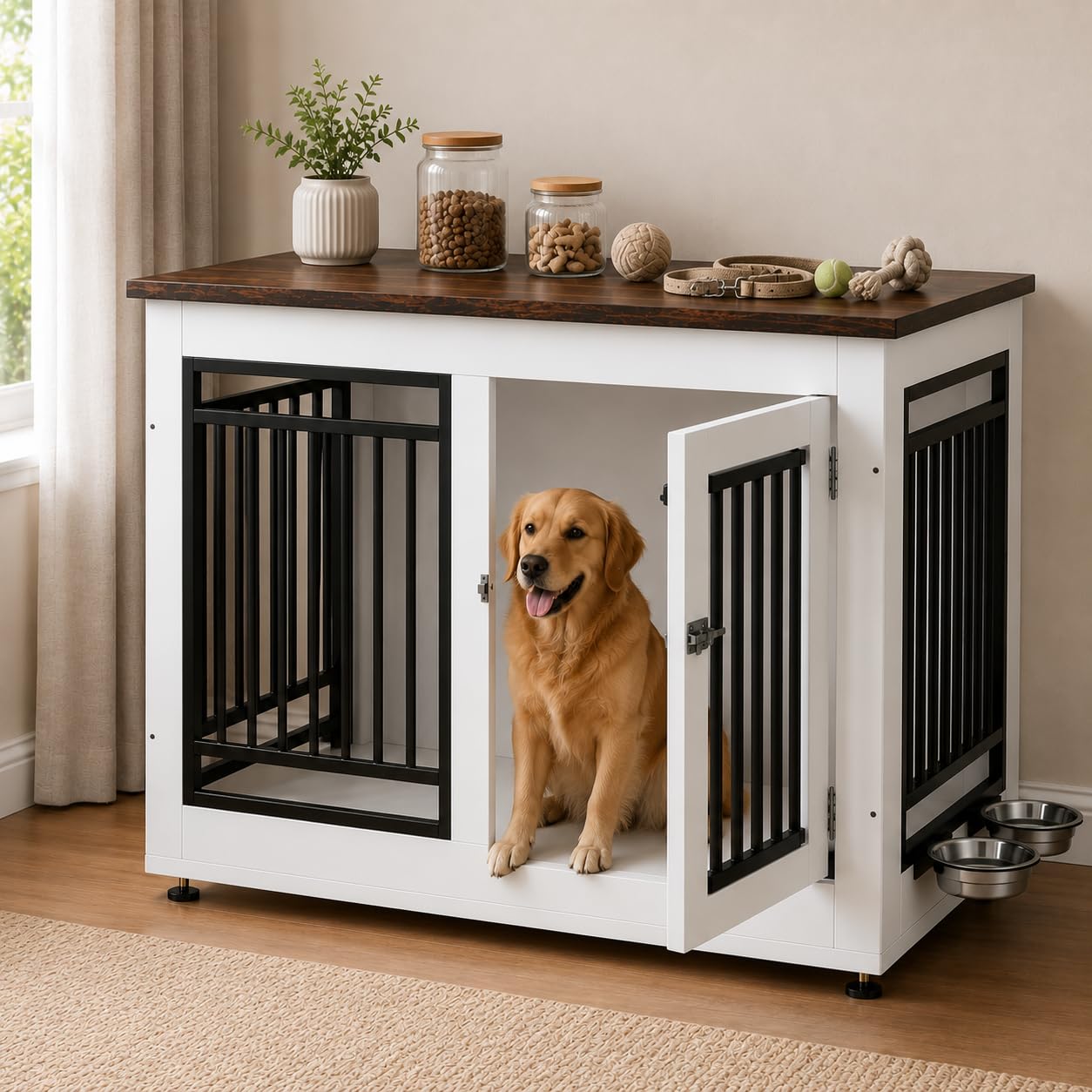 Amazon.co.jp: 犬ケージ 室内用 木製風 ペットケージ 食器付き 幅100cm