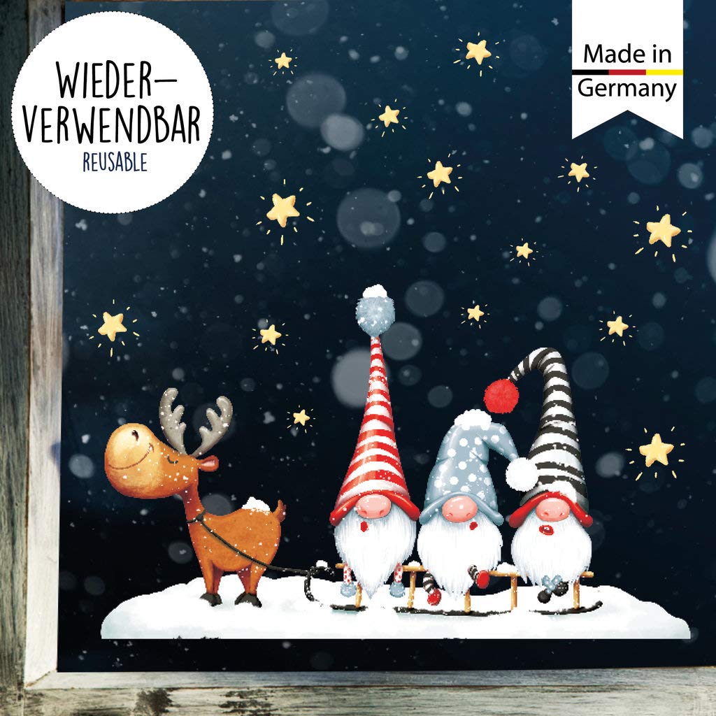 Wandtattoo Loft XXL Fensterbild Weihnachten Elch mit Zwergen Trollen Schlitten Sterne wiederverwendbare Fensteraufkleber Fensterdeko Schaufensterdeko