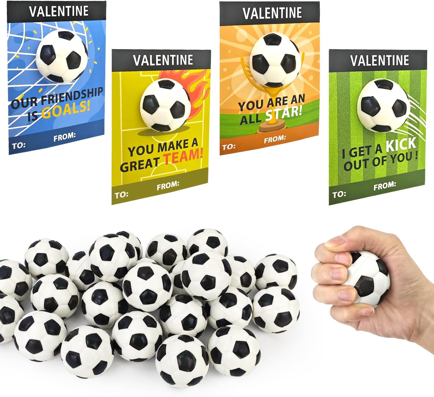 Soccer Valentines Day Cards Gifts for Kids School,24 Pack Mini Foam Sports Soccer Toys W/ Class Exchange Cards for Boys Girls,Valentine Goodie Bag Stuffers Classroom Games Favors Prizes for Toddlers