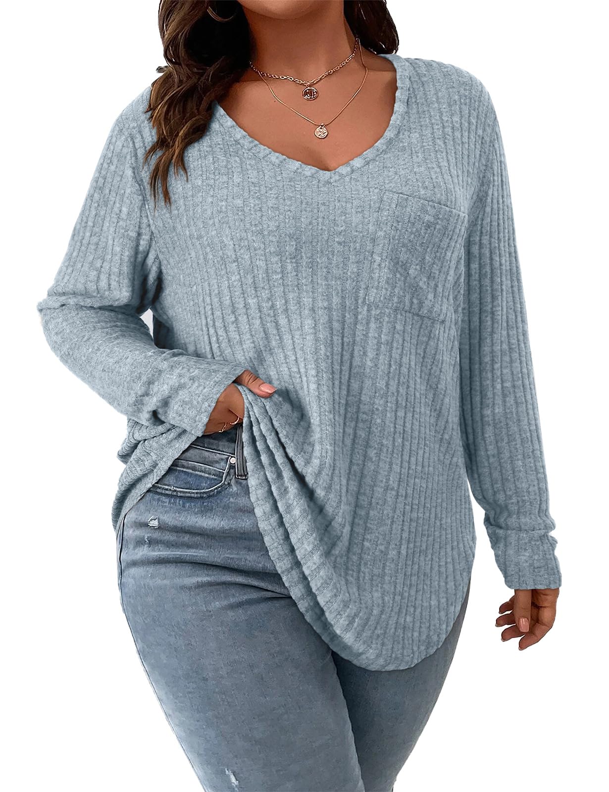 Koscacy Women Plus Size Casual Knit Sweater with Pocket V Neck Solid Color Tops Lightweight Long Sleeve Blouses