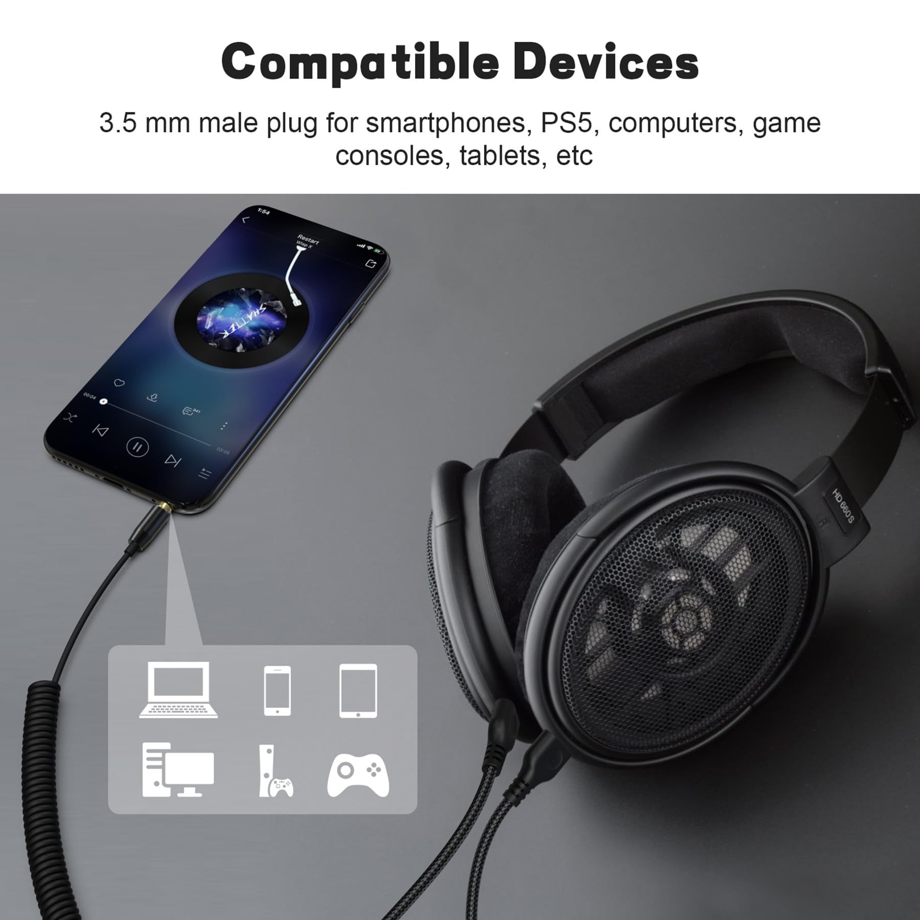 Wymienny spiralny kabel audio HD600 do Sennheiser HD650 HD580 HD660S HD6XX HD565 HD545 HD535, wtyczka 3,5 mm i adapter 6,35 mm 0,635 mm długości