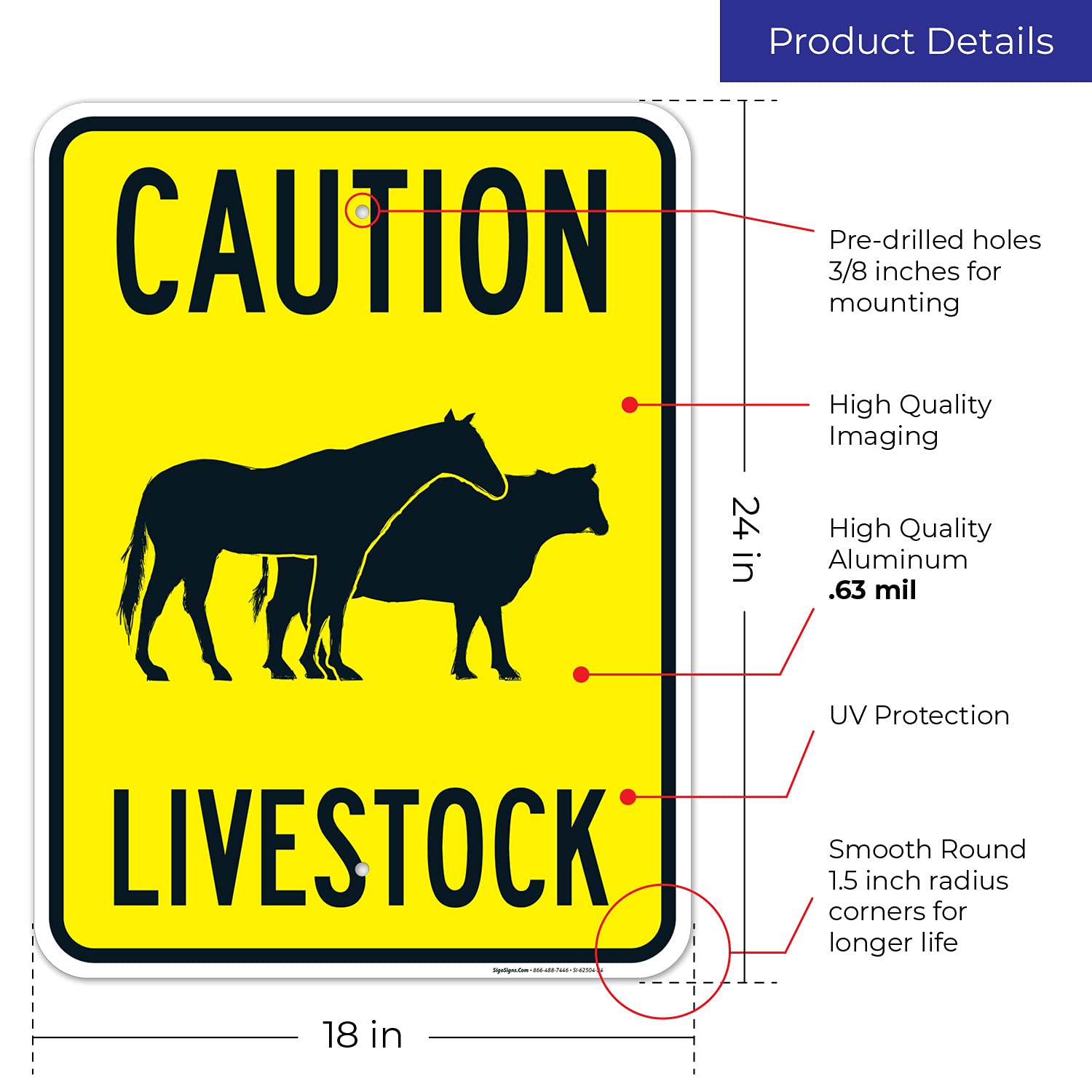 Caution Livestock with Horse and Cow Symbol Sign, 18x24 Inches, Rust Free .063 Aluminum, Fade Resistant, Made in USA