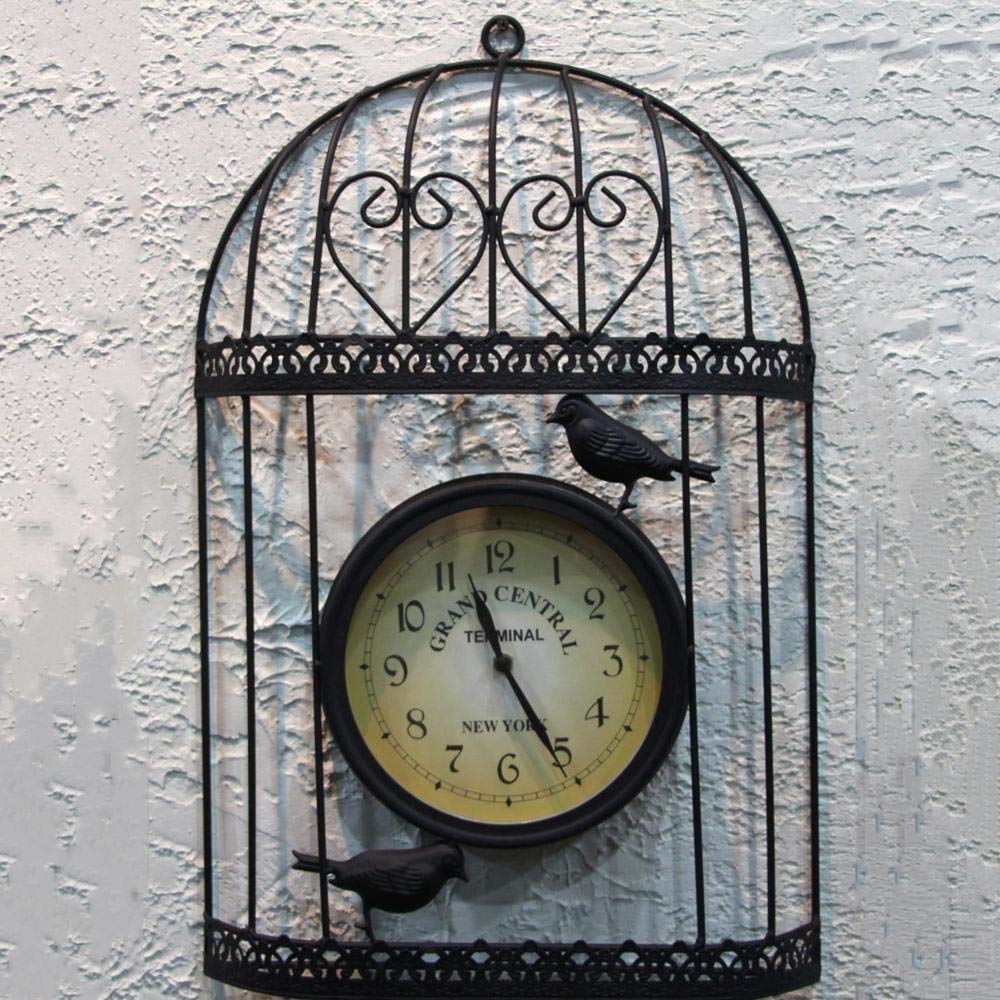 Reloj de pared para jardín al aire libre, diseño de jaula de pájaros de hierro impermeable, decoración creativa para interiores y exteriores, elegante reloj para decoración del hogar y el jardín