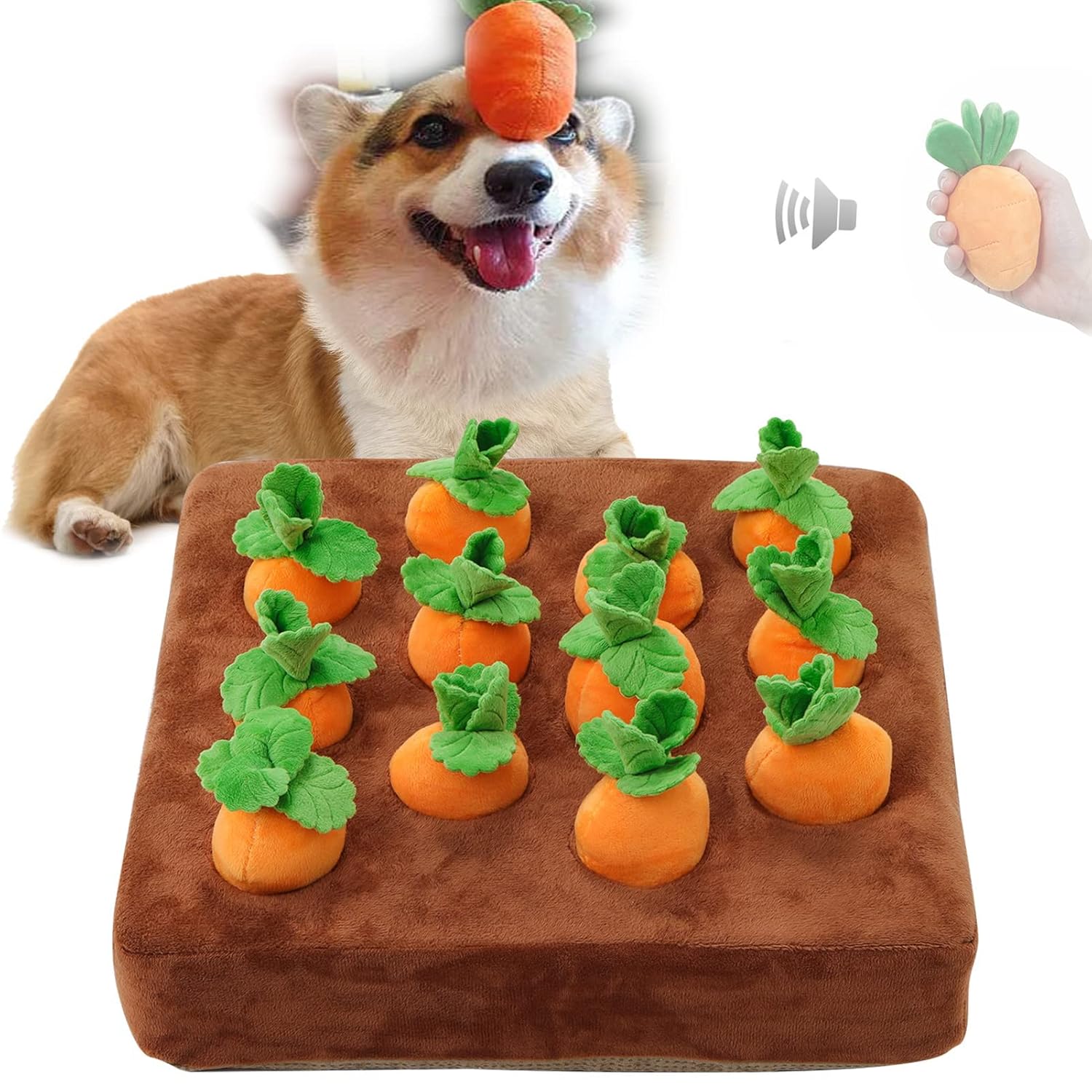 KAHOHT Carrot Snuffle Mat for Dogs Hide and Seek Squeaky Toys with 12 Carrots Interactive Dog Enrichment Toys