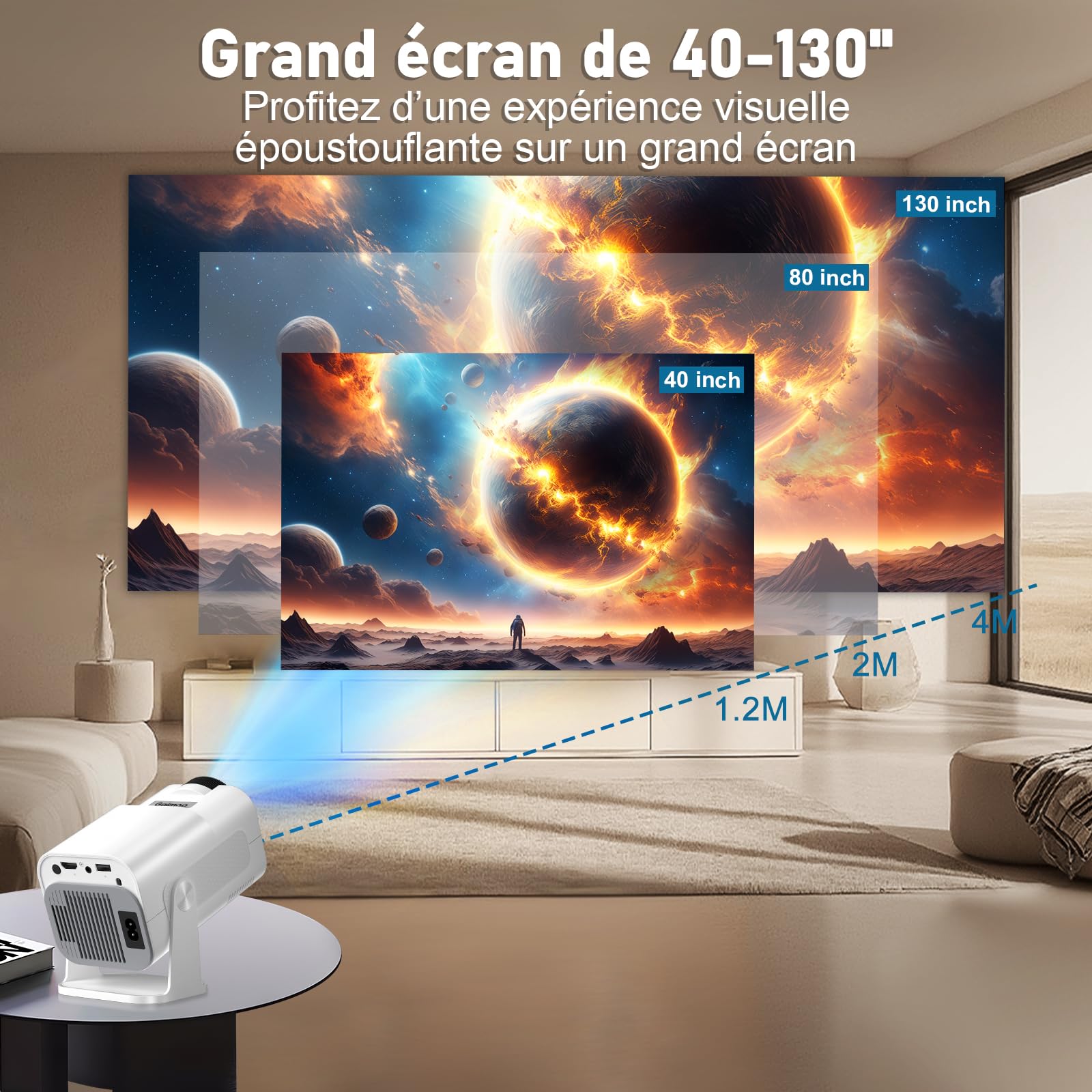 Vidéoprojecteur 4K 1080P Mini Projecteur avec WiFi 6 et Bluetooth 5.2 Projecteur Trapézoïdale Automatique, 270° RotationSupporte HDMI/TVStick/Memory Stick/Laptop, Blanc