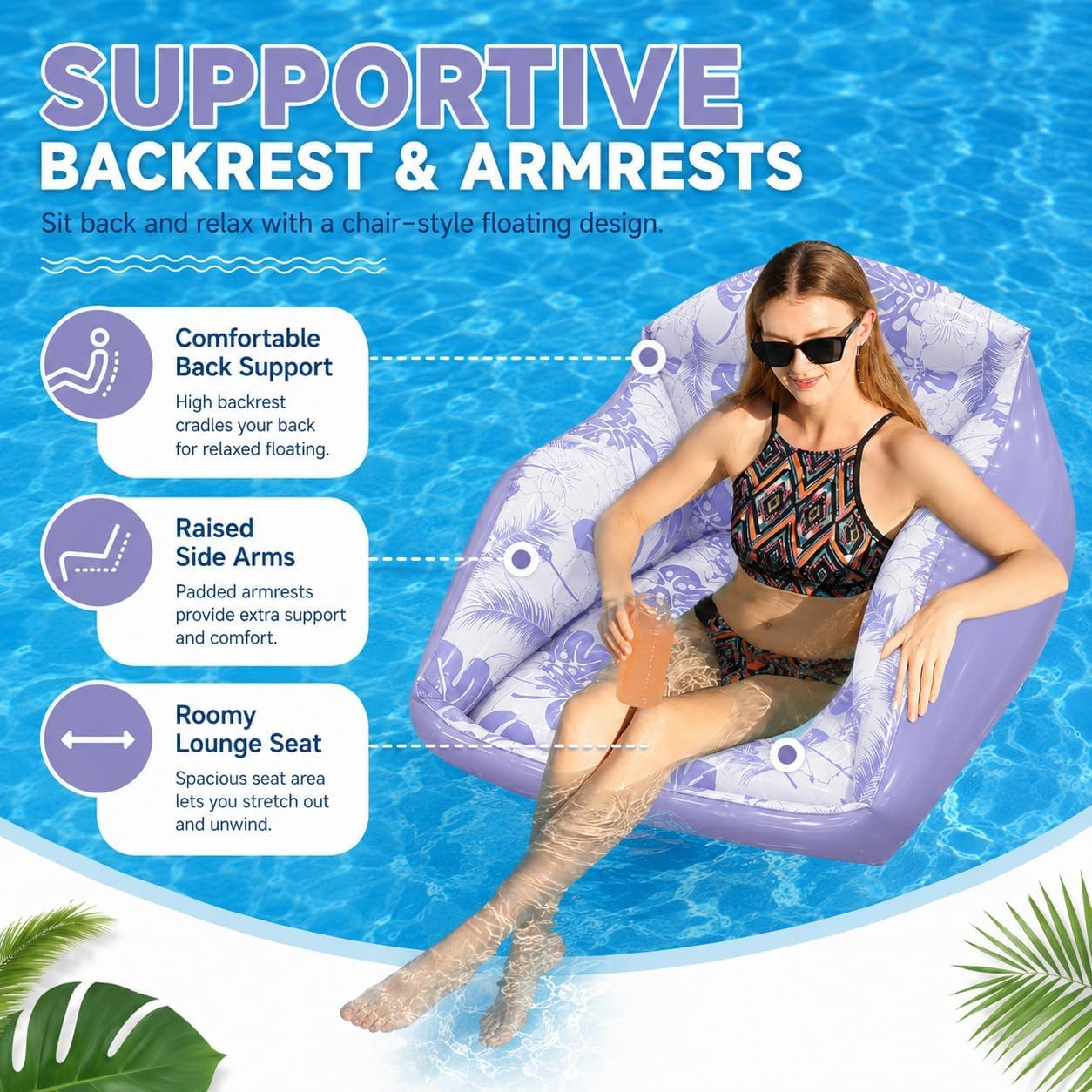 Tumbona Inflable Para Piscina Para Adultos Con Portavasos | Silla Flotante Para Piscina Con Portavasos Y Asiento De Malla Refrescante, Tumbona Flotante Con Estampado Tropical Y Respaldo Para 2