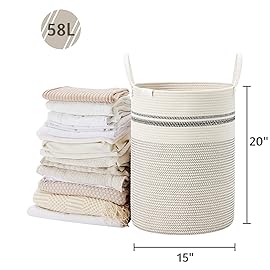 VIPOSCO Tall Laundry Basket, Large Dirty Clothes Hamper with Leather Handle, Woven Rope Storage Basket for Blanket, Toy In Living Room, Bathroom, Bedroom - 58L Stripe White