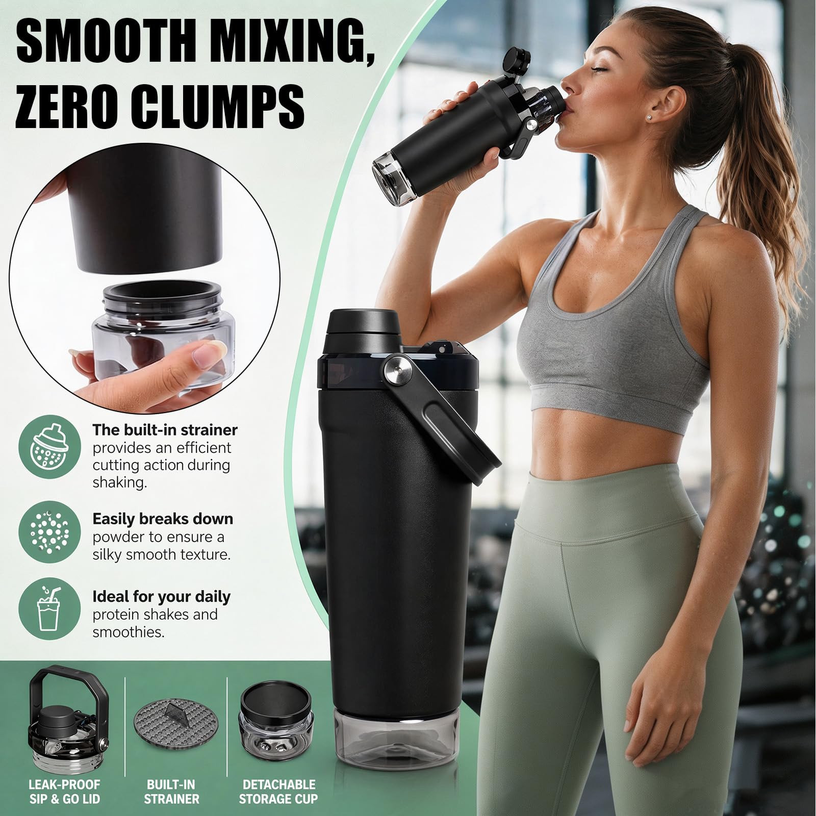 591ML Protein Shaker Botella con compartimento para polvo SUS304 de acero inoxidable con recipiente de almacenamiento y asa