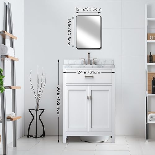 Miniatura 3 de Minuover Espejo pequeño para montaje en pared, espejo rectangular de maquillaje de esquina redondeada con marco de metal negro cepillado para baño,