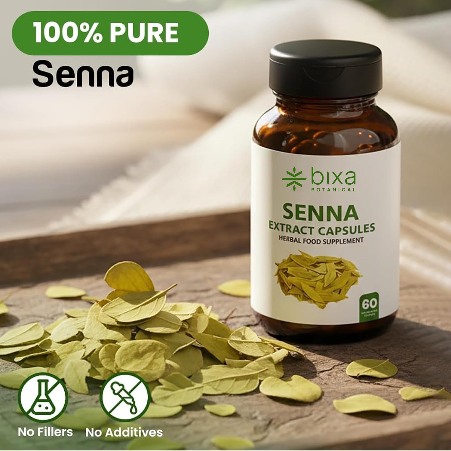 bixa BOTANICAL Senna Leaves Extract Capsules | Natural Herbal Laxative | Support for Constipation | Cassia Angustifolia, Gluten Free, Non-GMO, Steam Treated, Vegan, 100% Pure | 60 Count (PO1)
