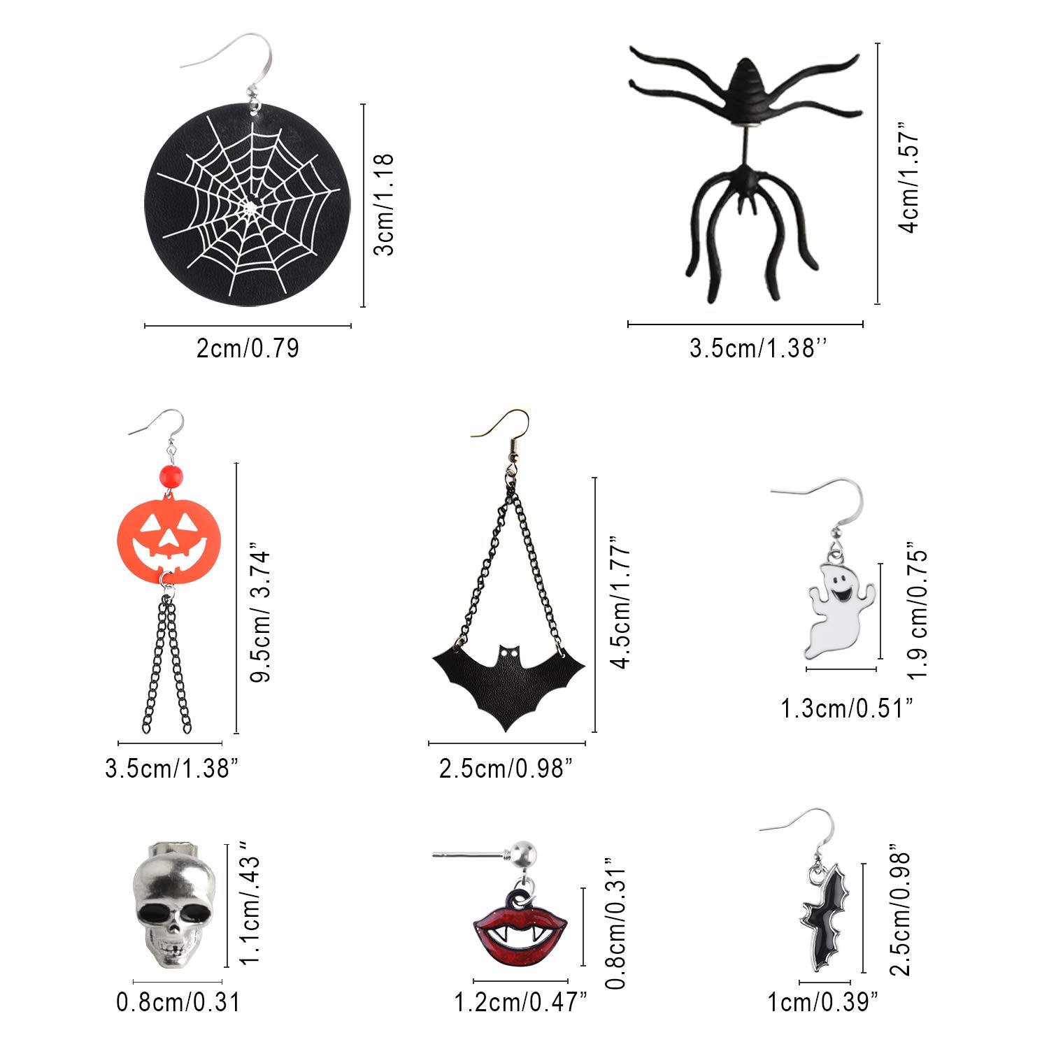Pendientes Halloween FEPITO 8 pares Conjunto Murciélago Calabaza Araña Fantasma Esqueleto Metal