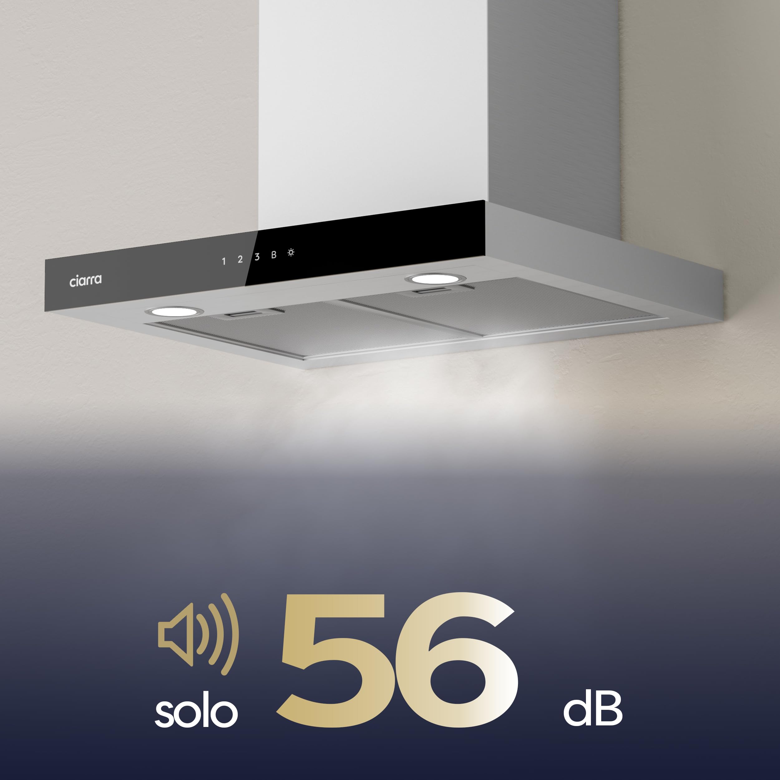 CIARRA CBCS6102 Campana Extractora 60 cm 706 m³/h WiFi Plateada A+++ | 4 Velocidades - Evacuación al Exterior y Recirculación Interna por Filtro de Carbón CBCF003 - Acero Inoxidable