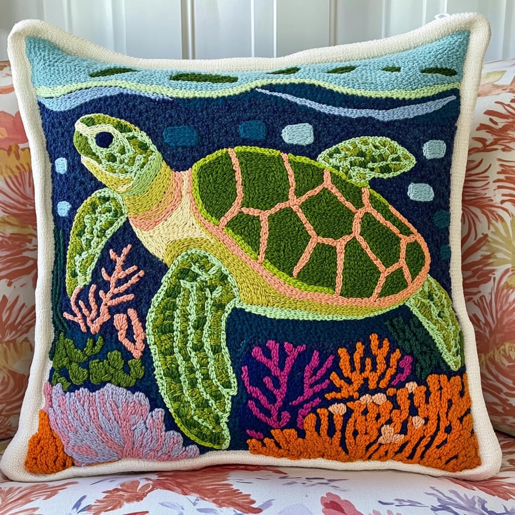 DIY Punch Needle Pillow Kit Green Sea Turtle and Corals with Pattern and Hoop Handmade Embroidery Punch Needle Starter Pillowcase Set for Home Sofa Decor 43x43cm-1-7