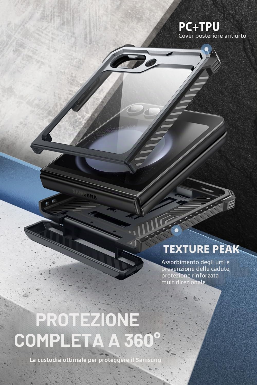 i-Blason Custodia per Samsung Galaxy Z Flip 5 con supporto, protezione per lo schermo integrata, protezione per cerniere, protezione completa con clip per cintura, custodia magnetica per Galaxy Z Flip