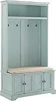 Crosley Holbrook Hall Tree: Distressed Seafoam Blue Entryway Bench with Shoe Cabinets, Coat Hooks & Storage Shelf