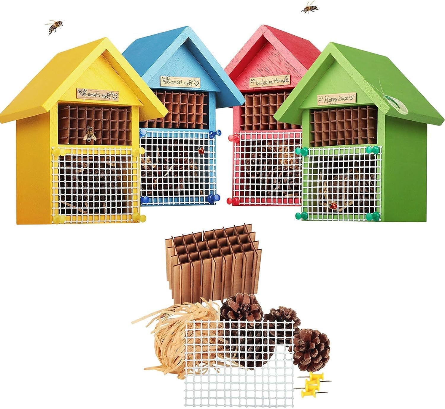 4 Pack DIY Insect Hotel Kit, Backyard Insect House, Solid Wood 5.9"x 7.7"x 4.7", UVcoating Painted, Bee House, Nesting Habitat Shelters, Garden Shelter for Bees, Butterflies, Bugs