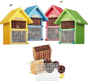 CEDAR ALPHA 4 Pack DIY Insect Hotel Kit, Backyard Insect House, Solid Wood 5.9"x 7.7"x 4.7", UVcoating Painted, Bee House, Nesting Habitat Shelters, Garden Shelter for Bees, Butterflies, Bugs